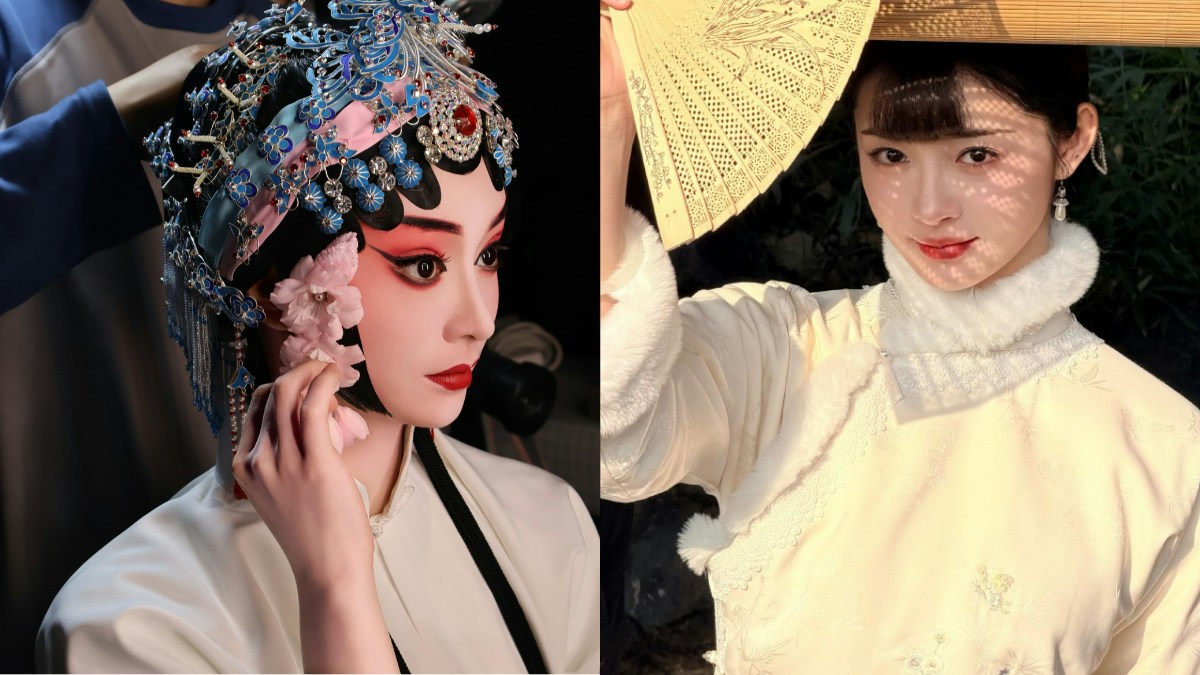 『玉簟秋』で蘭卿を演じる周潔瓊。崑曲の衣装姿と本人の自撮り写真