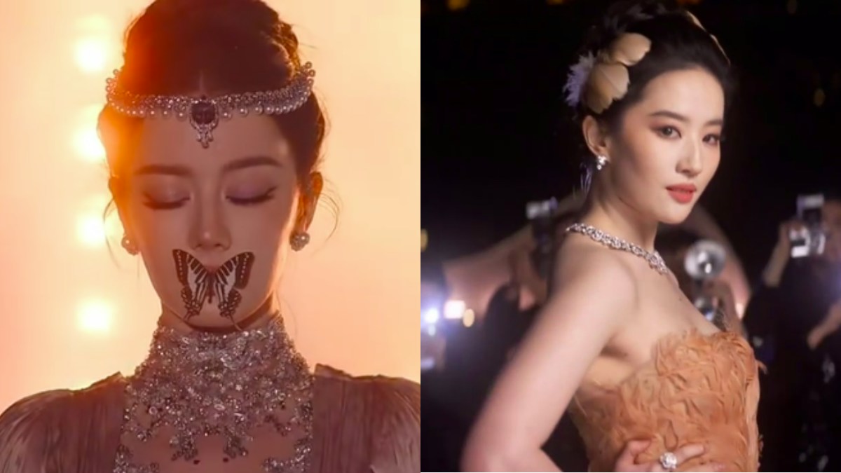 蝶を口元に添えた女性と金色のドレス姿の女性を並べたVOGUE盛典の写真