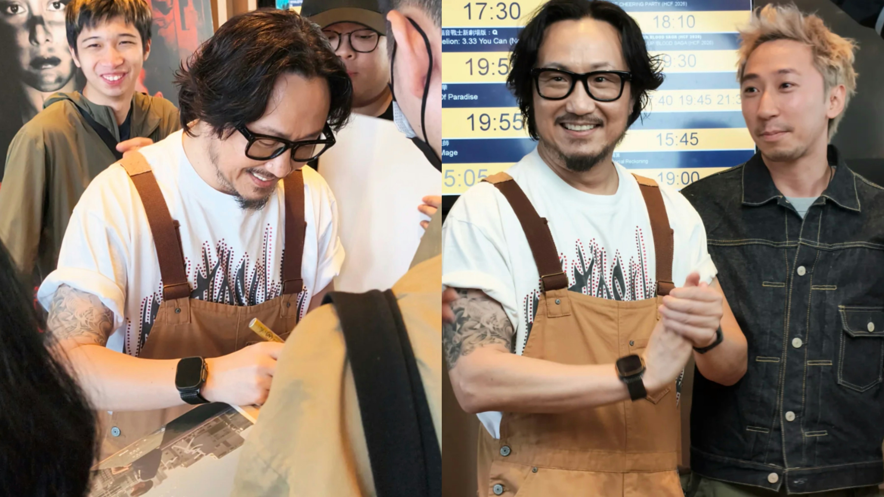 眼鏡をかけた鄭中基がイベント会場でファンと交流する様子