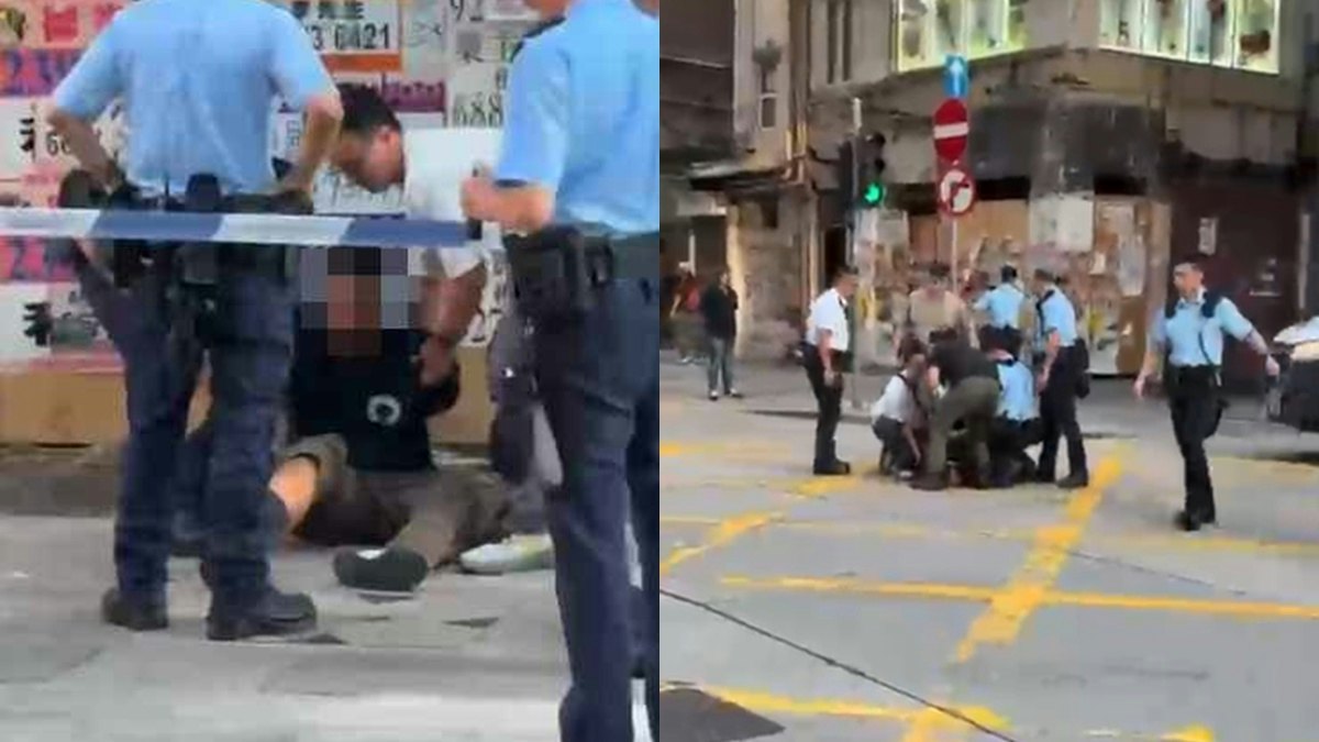 有片|旺角登打士街男子情緒激動 馬路中央遭眾警員按地制服
