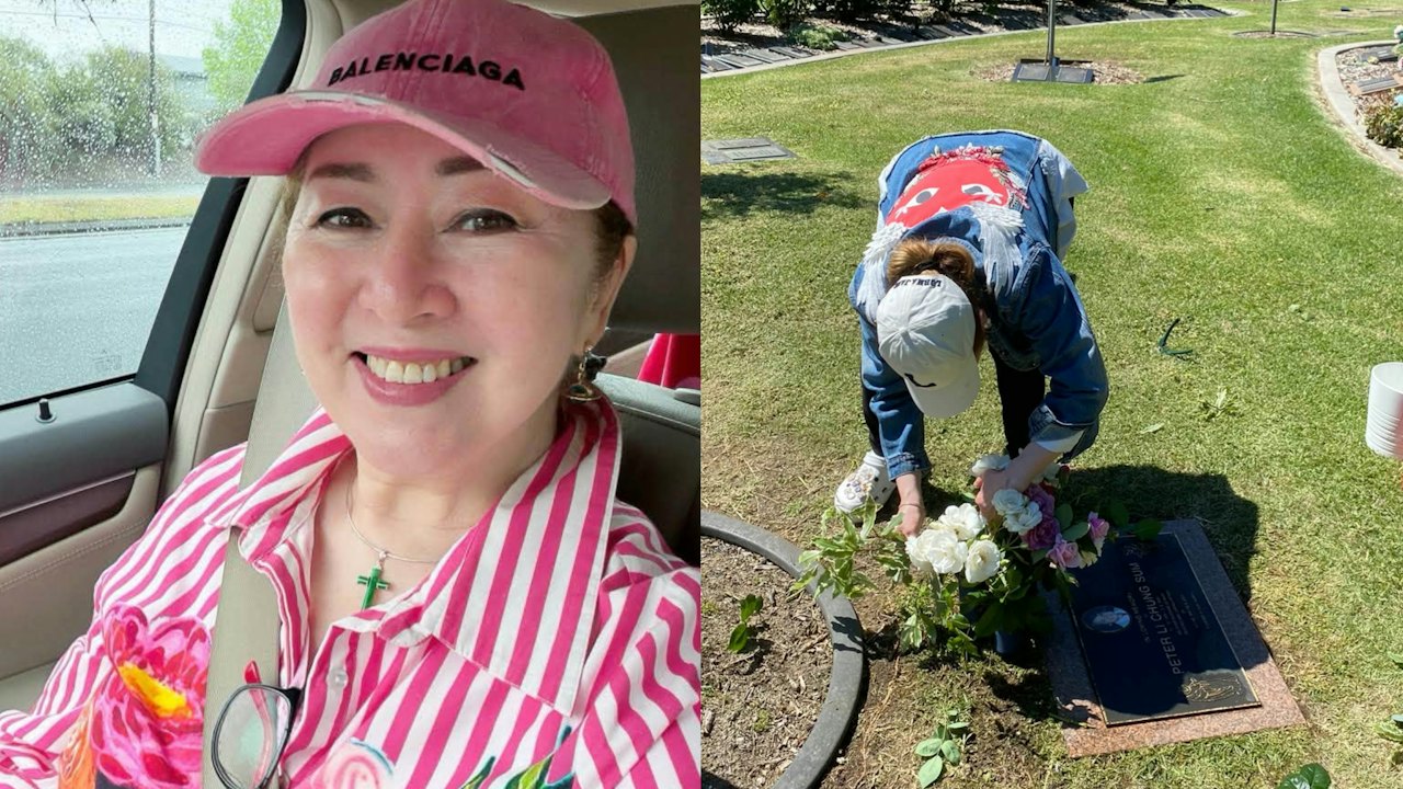 張瑪莉が豪州の墓地で前夫・李忠琛の墓前に花を供える様子と、車内で撮影した近影