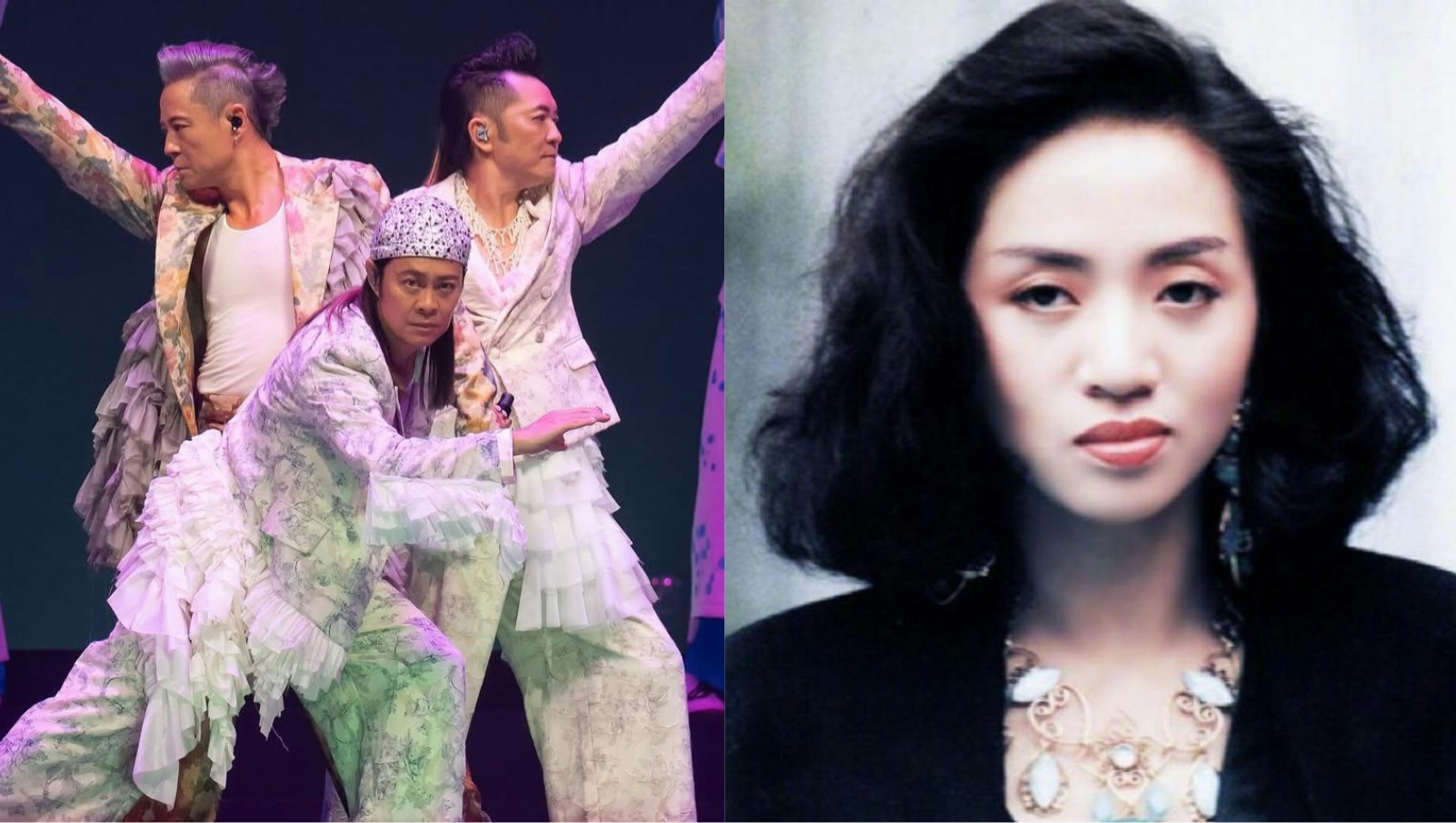 白い衣装でステージに立つ草蜢の3人と、梅艶芳さんのポートレート