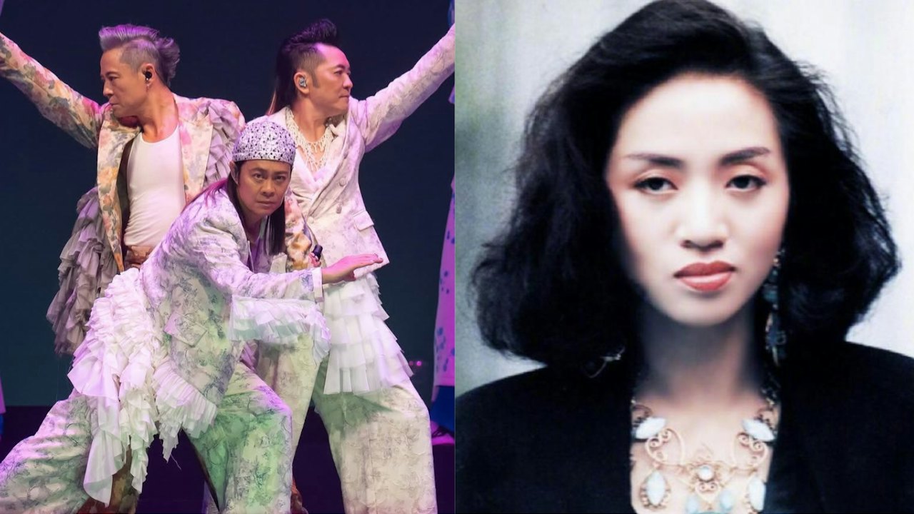 白い衣装でステージに立つ草蜢の3人と、梅艶芳さんのポートレート
