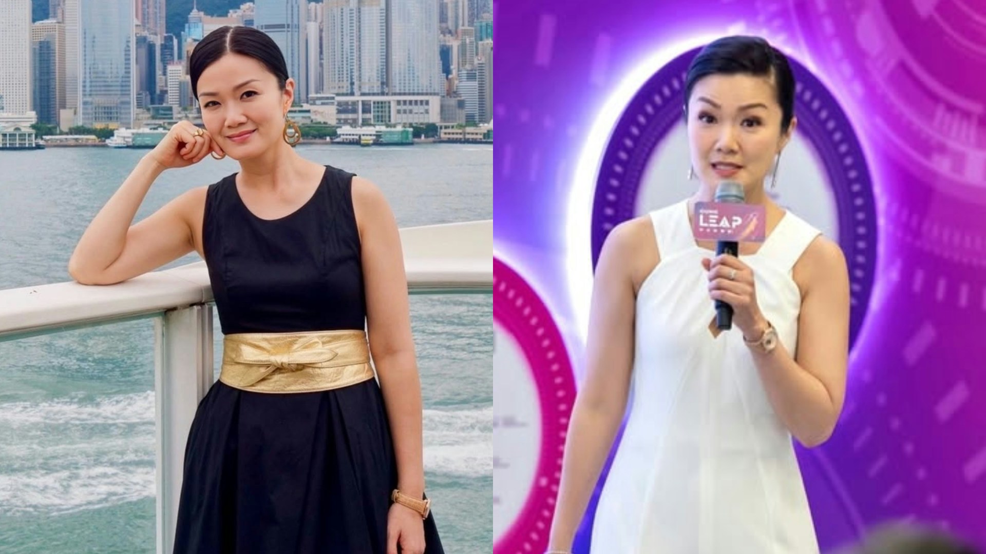 香港の海辺にいる方健儀と、番組収録中にマイクを持つ方健儀