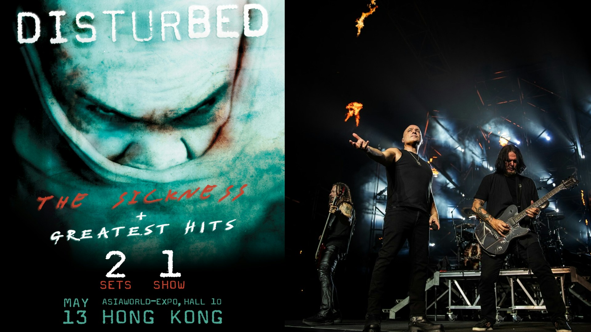 Disturbedの「The Sickness & the Greatest Hits」香港公演告知とステージ写真