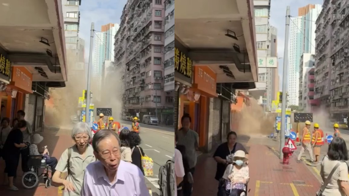筲箕灣爆水管|疑鑿穿水管一刻曝光 泥水激射四周 途人即掉頭走