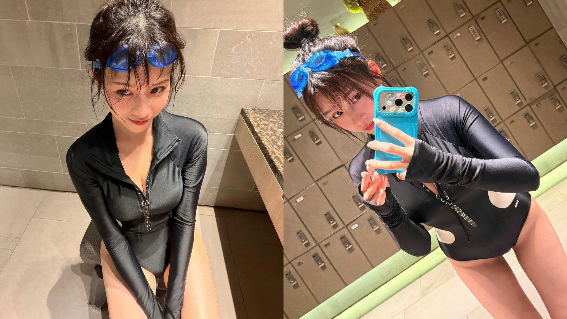 黒い水着を着た李蔓瑩が鏡越しに撮影した自撮り写真