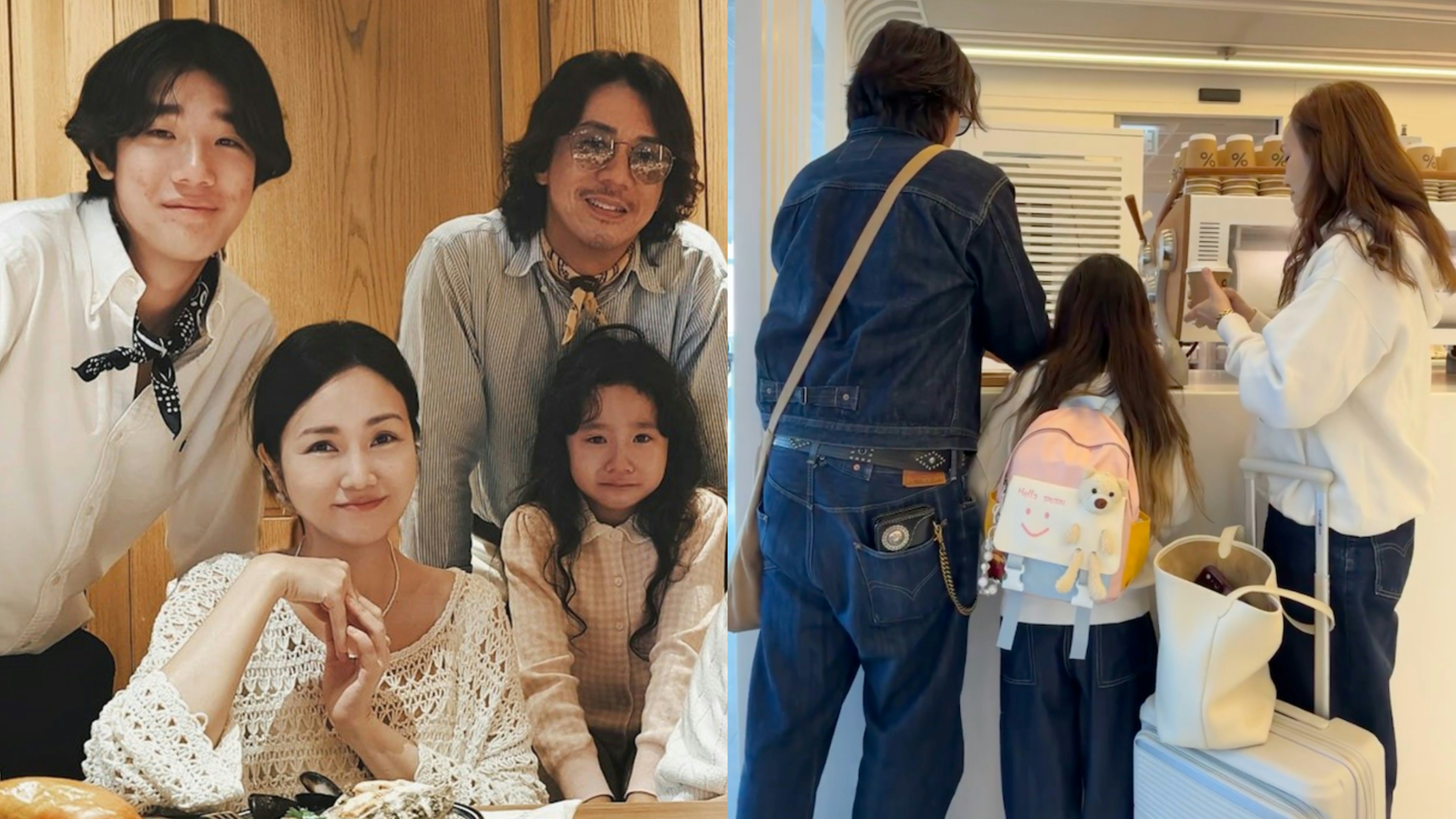 謝安琪さん、張繼聰さんと娘がカフェで飲み物を待つ姿と、家族4人の写真。娘はピンクのクマ柄リュックを背負っている。