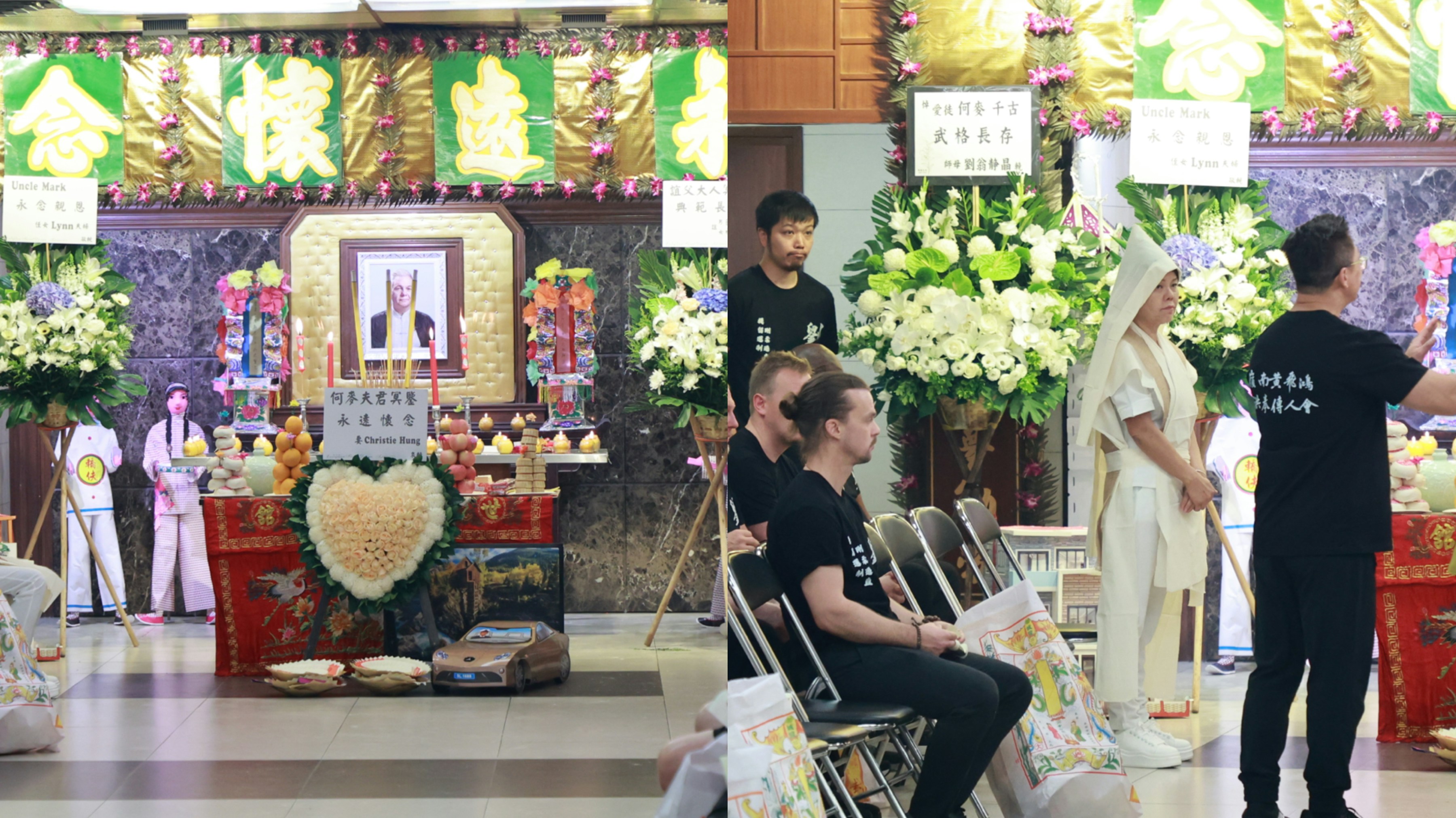 何麥さんの遺影と花で飾られた葬儀会場