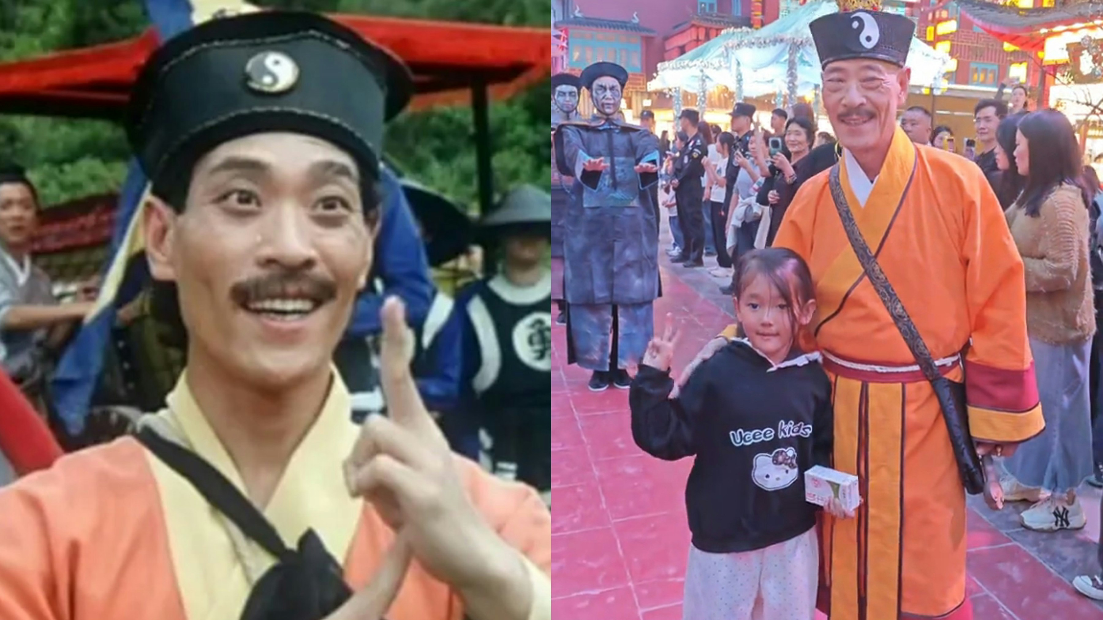 橙色の道士衣装姿の鍾發が子どもと並ぶ写真と、過去の映画場面を配した画像