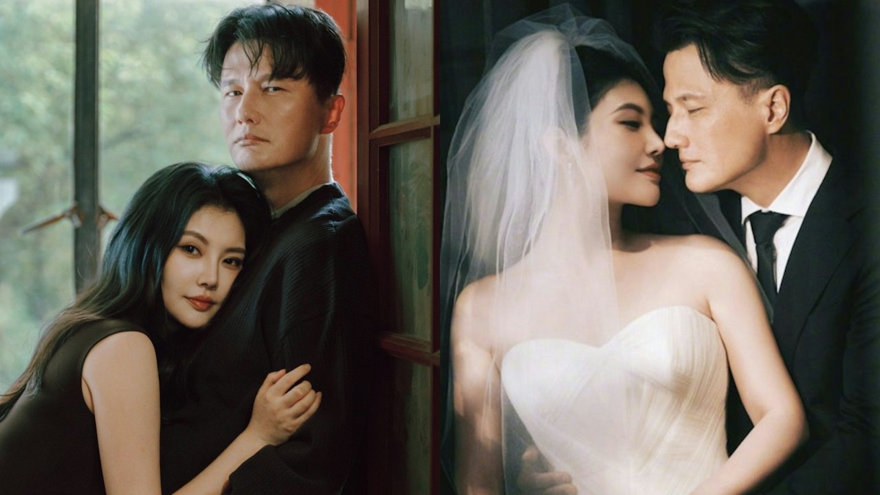 尹子維と徐冬冬が並ぶ写真と、2人の結婚写真を組み合わせた画像