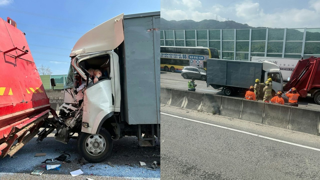 車CAM|粉嶺公路貨車疑收掣不及撼垃圾車斗 全車彈起 兩人被困