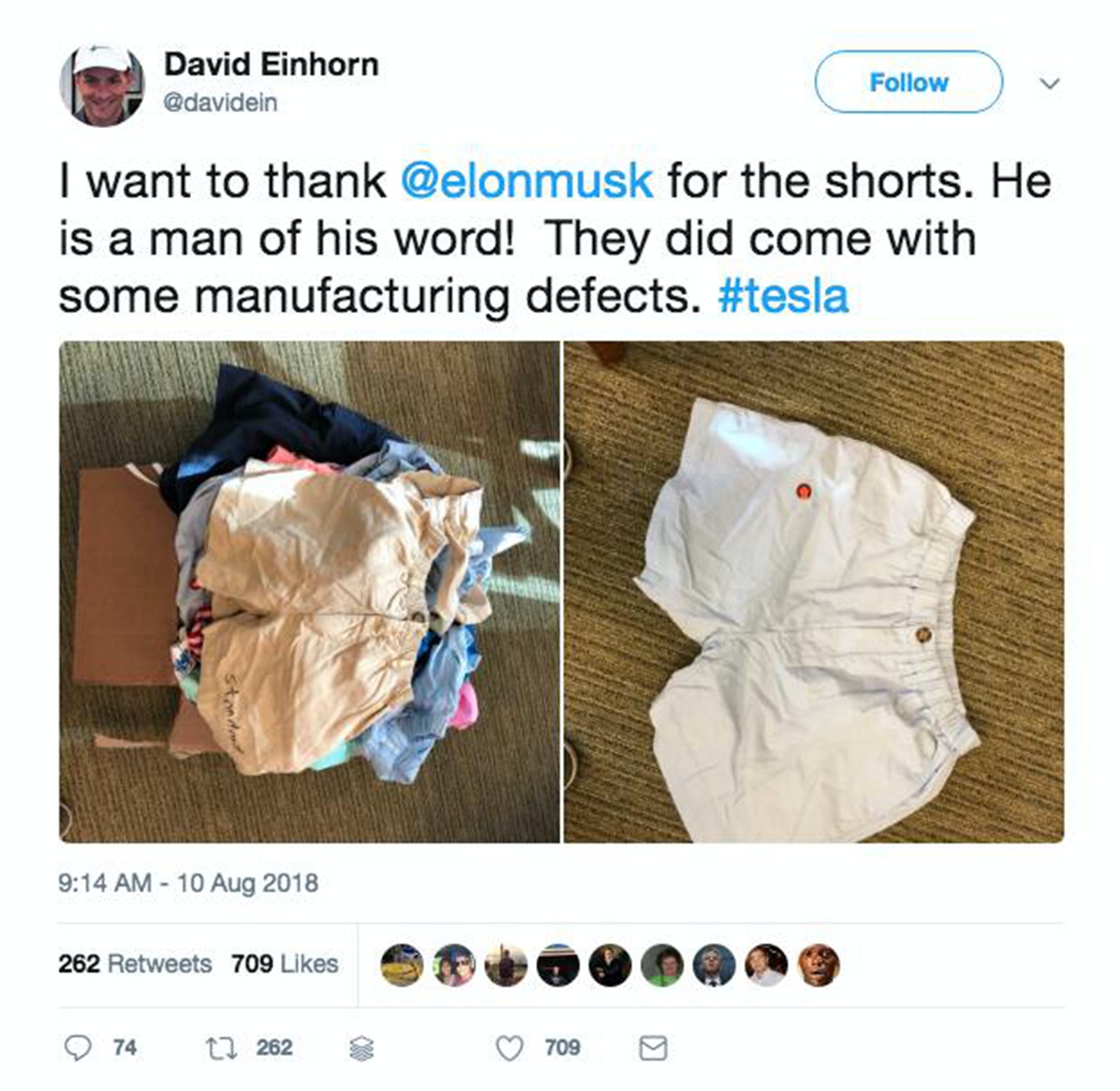 David Einhorn曬馬斯克寄給他的「做空短褲」。(Twitter@David Einhorn) David Einhorn曬馬斯克寄給他的「做空短褲」。(Twitter@David Einhorn)