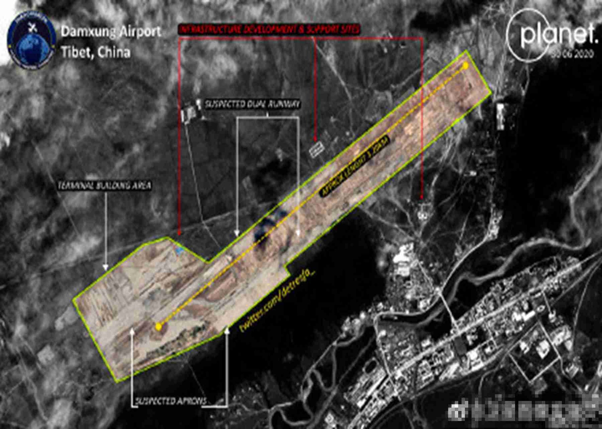 中印邊境局勢緊張之際,西藏當雄機場施工重建引關注。(微博@衛星圖像發燒員) 中印邊境局勢緊張之際,西藏當雄機場施工重建引關注。(微博@衛星圖像發燒員)